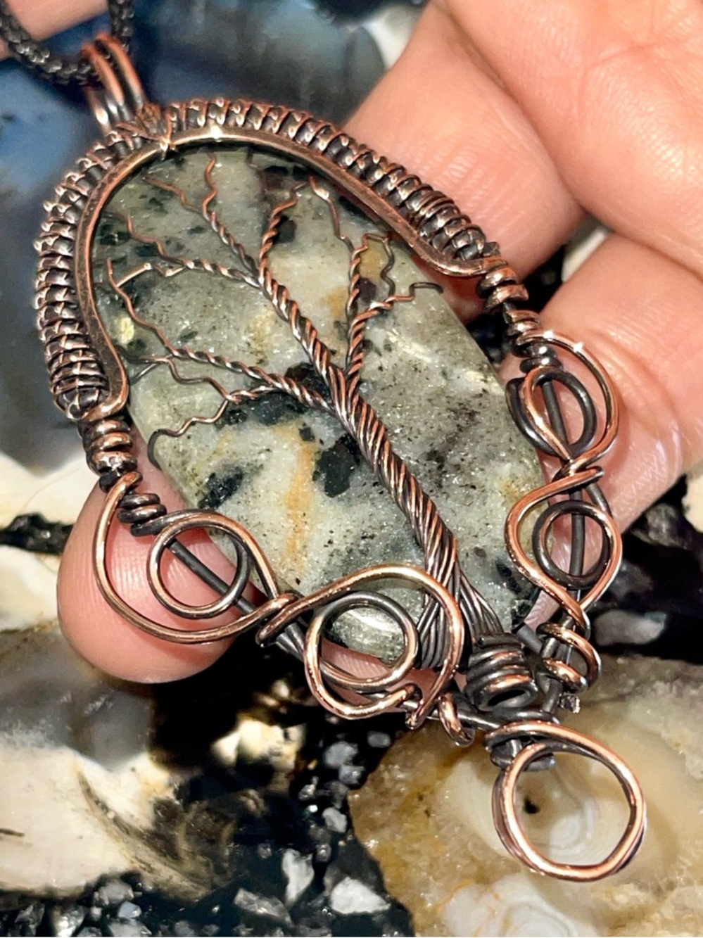 Large Copper Wire-Wrapped “Stone of Dreams” Prehnite Pendant 3 1/4”